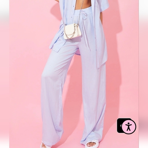 NWT Pretty Little Thing pale blue linen blend drawstring extreme wide leg pants - Picture 1 of 8